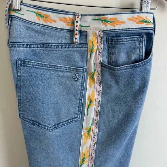 Tory Burch High Waisted Stretch Jeans Embroidered Floral Side Stripe Sz 30